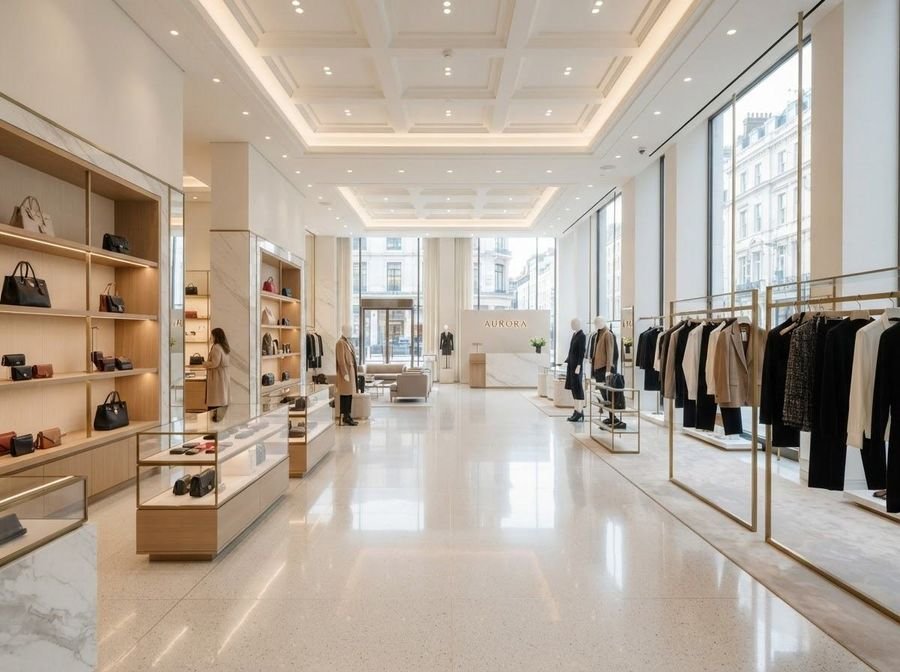 Tienda comercial con pisos brillantes y exhibidores ordenados