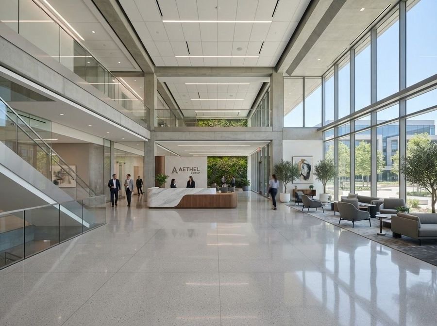Lobby corporativo amplio, limpio y luminoso