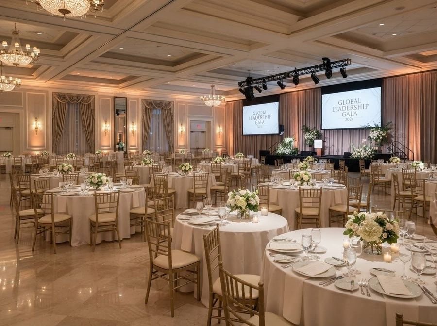 Salón de eventos montado con mesas redondas impecables